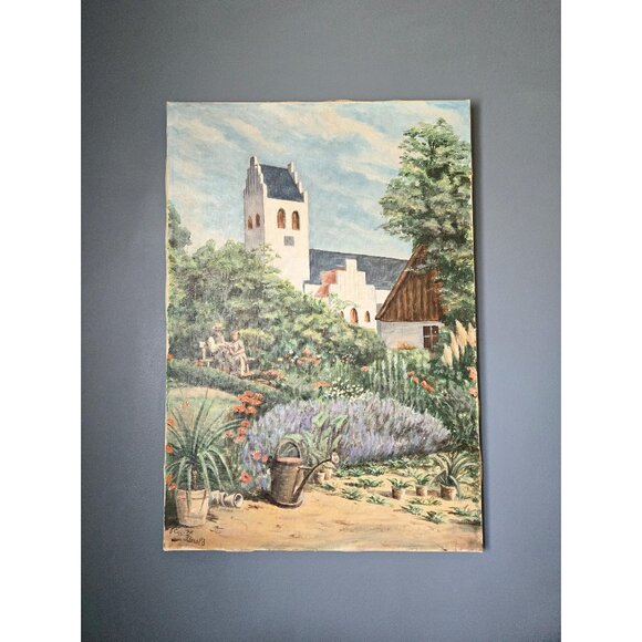 Bucolic Church Garden Oil Painting Signed by Artist Danish Village Summer - Picture 1 of 10